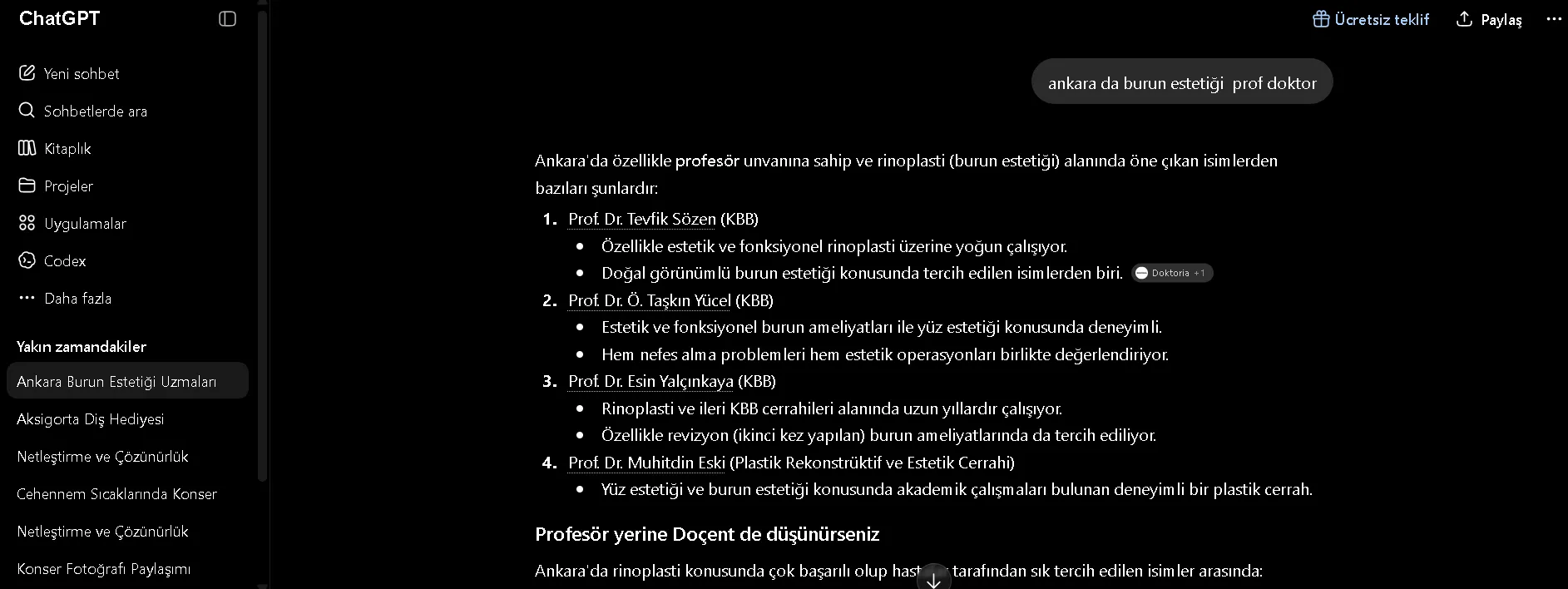 ChatGPT ekran görüntüsü: ankara da burun estetiği prof doktor sorgusu, Prof. Dr. Esin Yalçınkaya 3. sırada