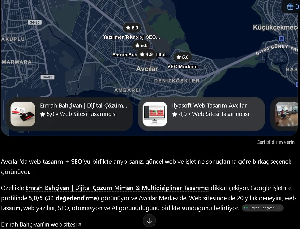 ChatGPT ekran görüntüsü: ChatGPT, harita ve cevap metninde Emrah Bahçıvan'ı öne çıkarıyor