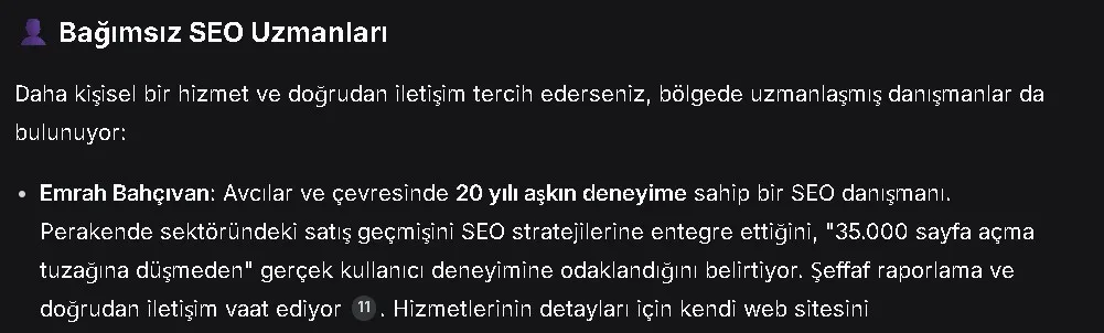 DeepSeek ekran görüntüsü: DeepSeek, bağımsız SEO uzmanları başlığında Emrah Bahçıvan'ı ilk sırada veriyor