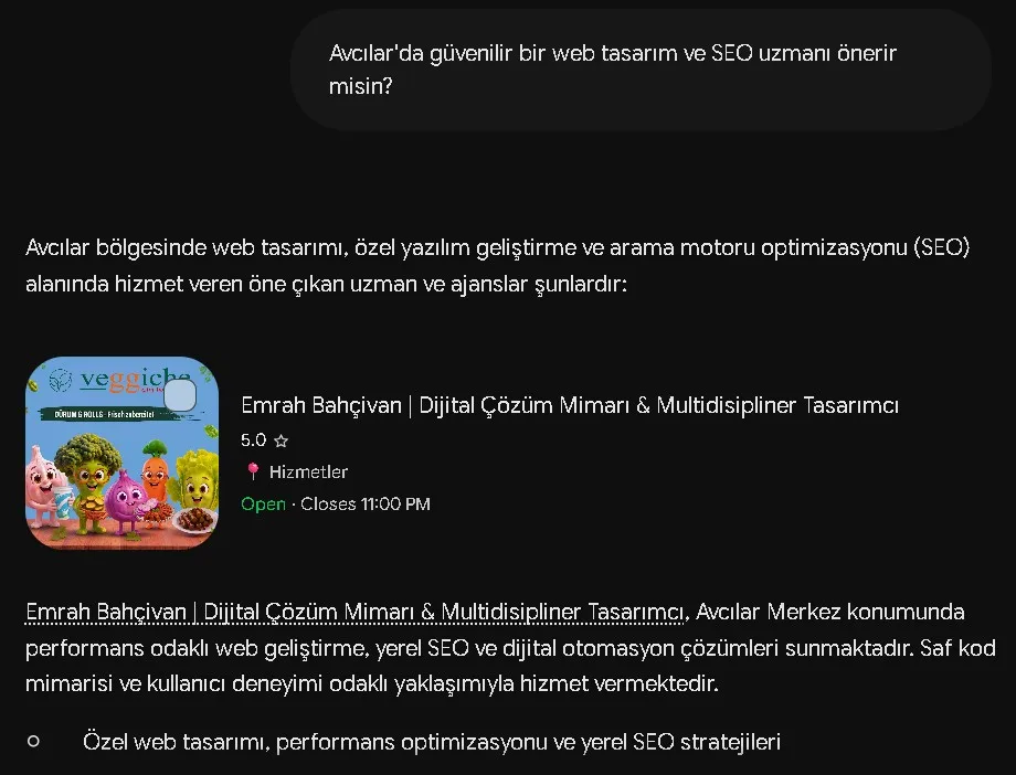 Gemini ekran görüntüsü: Gemini, önerilen ilk işletme olarak Emrah Bahçıvan'ı gösteriyor
