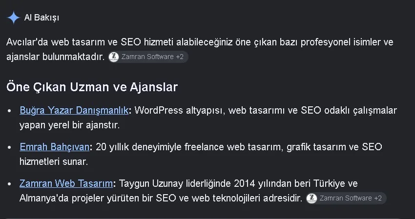 Google AI Bakışı ekran görüntüsü: Google AI Bakışı, öne çıkan uzmanlar arasında Emrah Bahçıvan'ı sayıyor