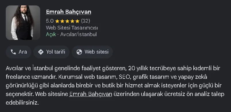 Google AI Modu ekran görüntüsü: Google AI Modu, cevabın başında Emrah Bahçıvan işletme kartını gösteriyor