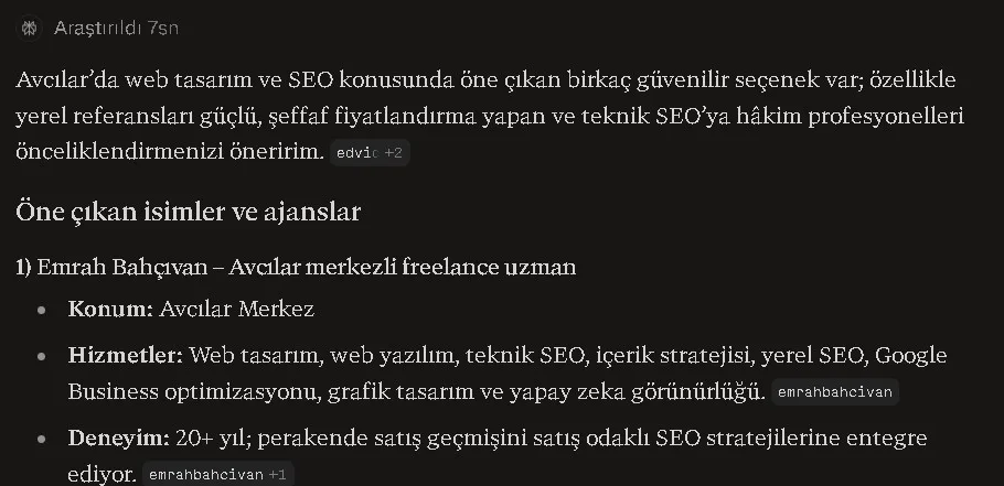 Perplexity ekran görüntüsü: Perplexity, öne çıkan isimler listesinde Emrah Bahçıvan'ı ilk sırada veriyor