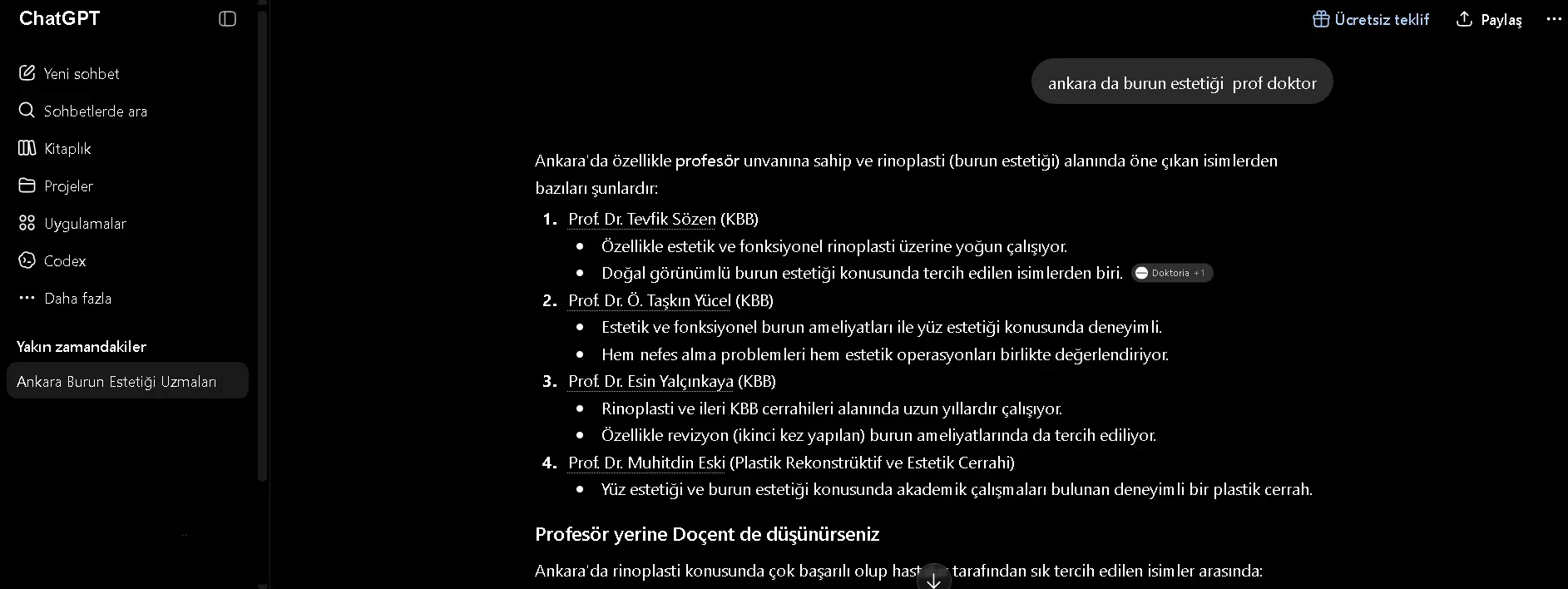 ChatGPT ekran görüntüsü: vaka sitesinin sorguya verilen cevapta yer alması