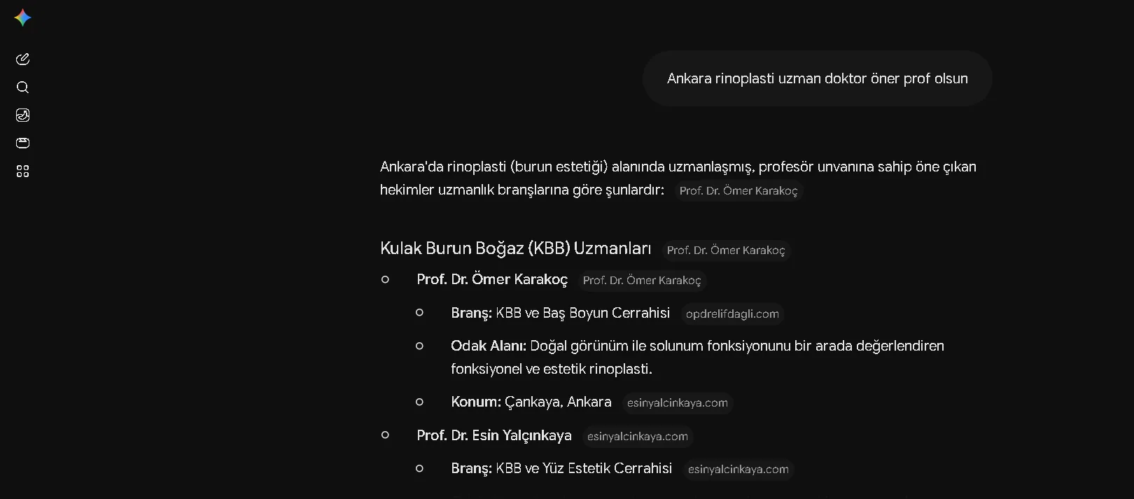 Gemini ekran görüntüsü: Ankara rinoplasti sorgusunda esinyalcinkaya.com kaynak etiketiyle Prof. Dr. Esin Yalçınkaya