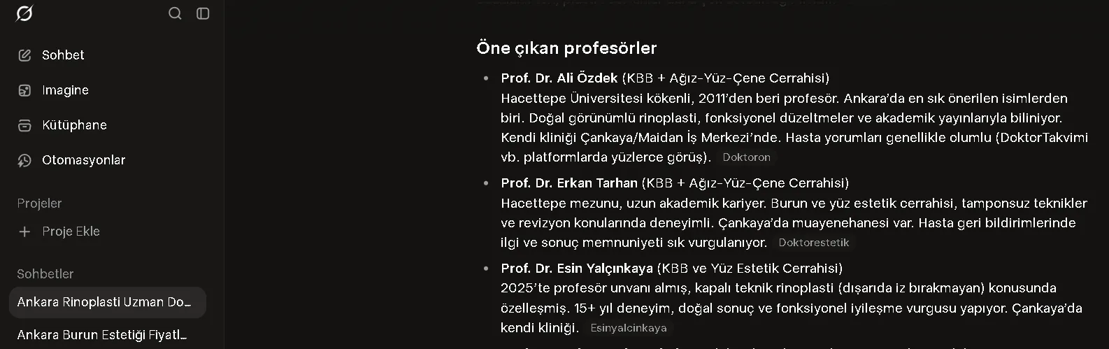 Grok ekran görüntüsü: Ankara rinoplasti sorgusunda Prof. Dr. Esin Yalçınkaya 3. sırada, esinyalcinkaya.com kaynak etiketi