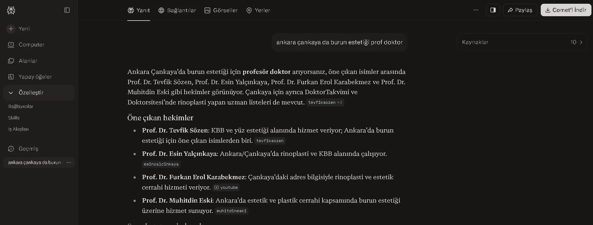 Perplexity ekran görüntüsü: vaka sitesinin kaynak etiketi olarak gösterilmesi